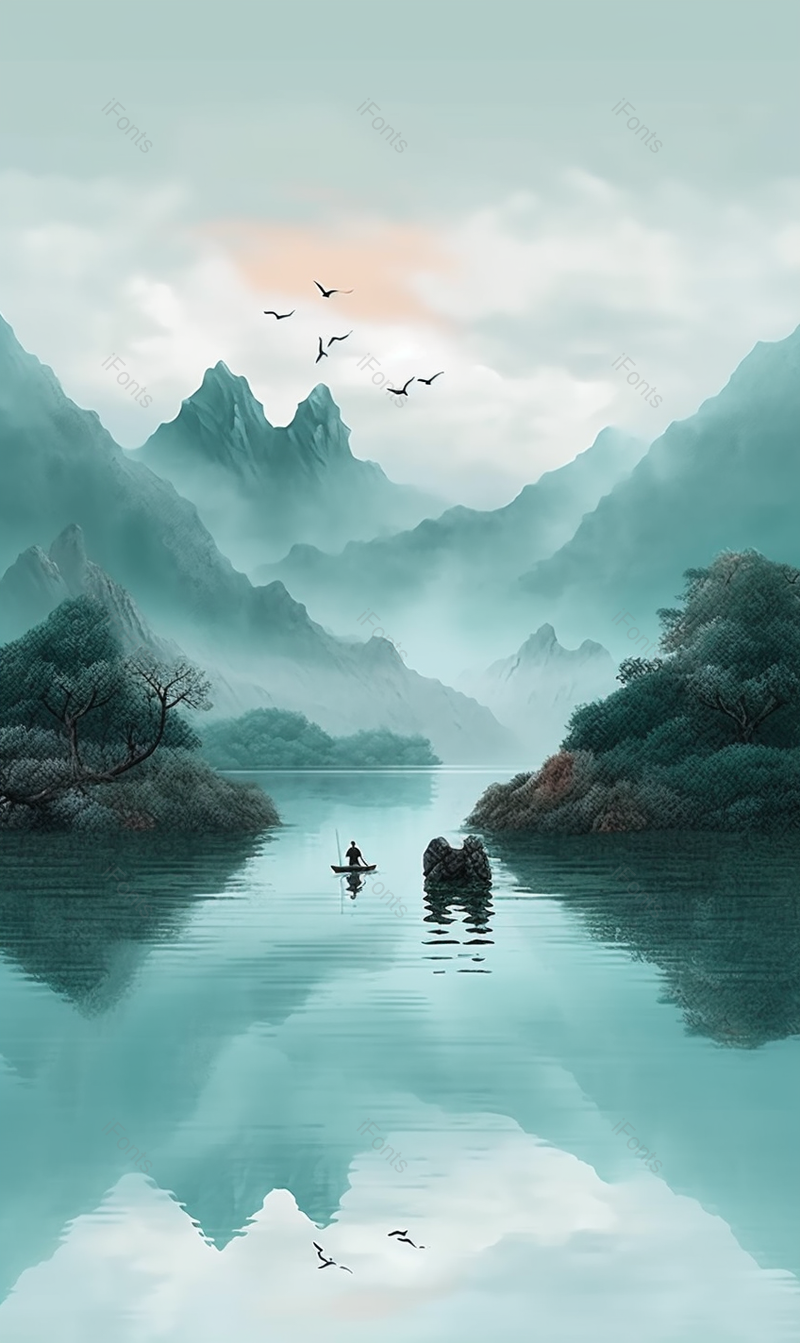 蓝色中国风复古写意山川江河背景,插画/手绘图,插画/手绘图库,插画/手绘图下载,插画/手绘